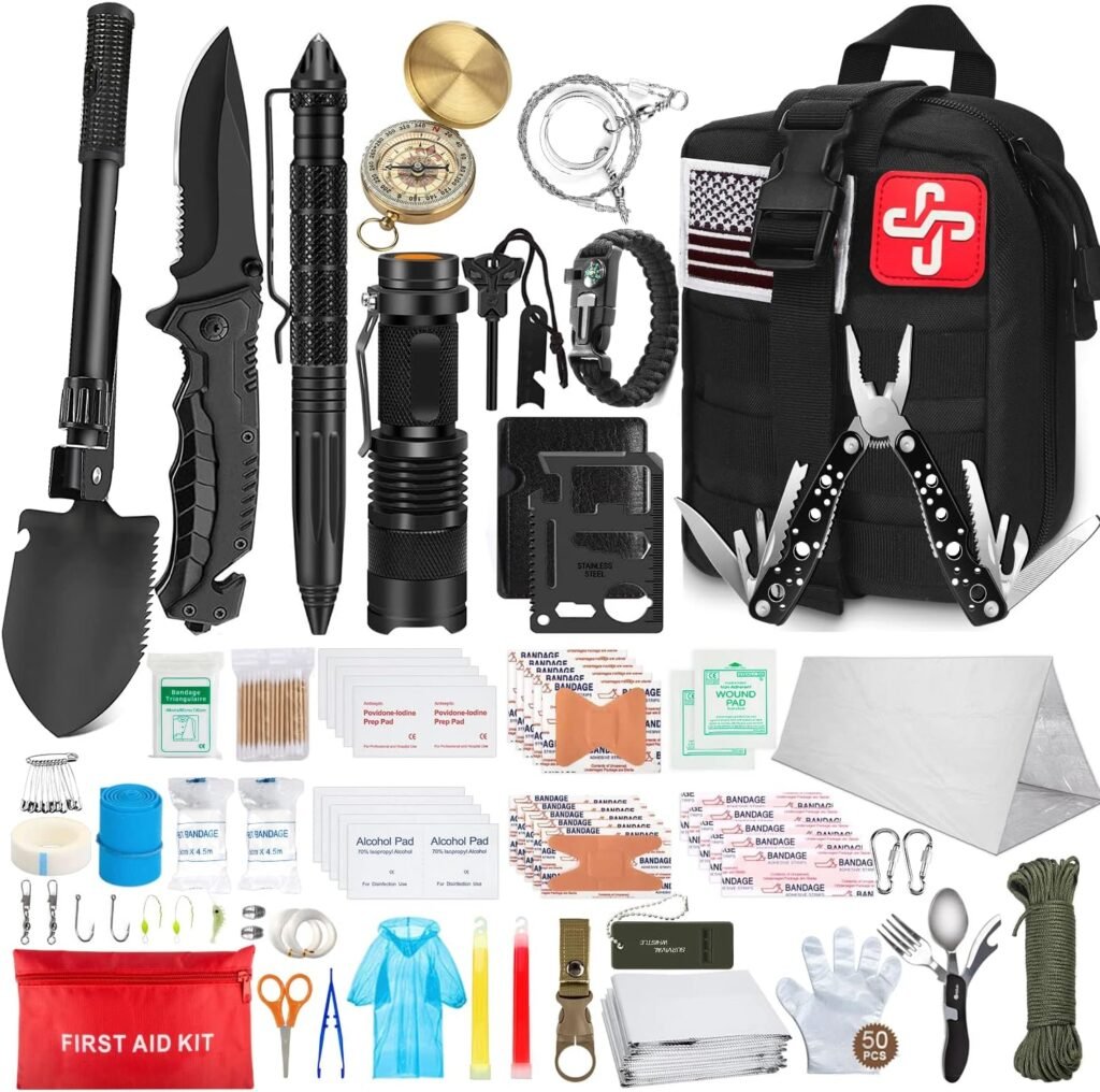Kit di sopravvivenza di emergenza e kit di pronto soccorso da 238 pezzi, strumento di sopravvivenza professionale con custodia tattica Molle e tenda di emergenza per terremoto, avventure all'aria aperta, campeggio, escursionismo, caccia