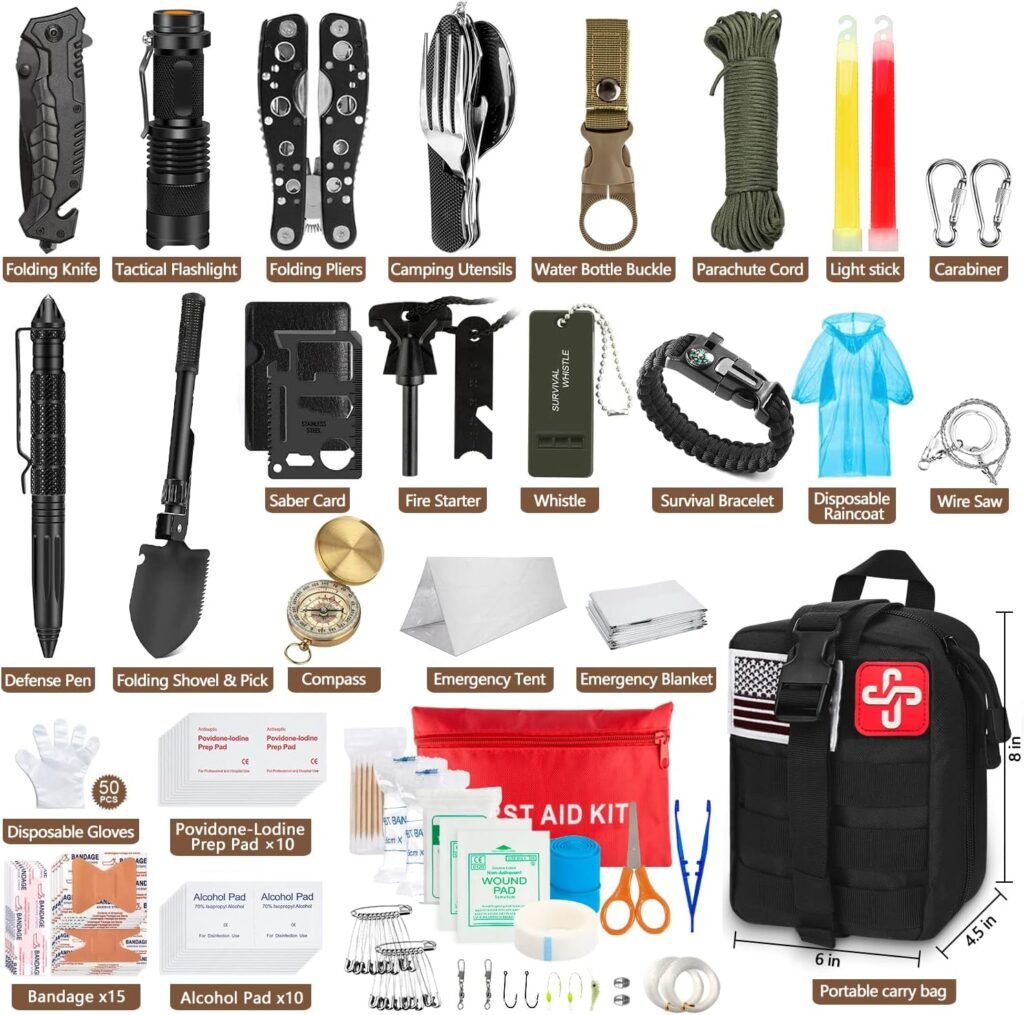 Kit di sopravvivenza di emergenza e kit di pronto soccorso da 238 pezzi, strumento di sopravvivenza professionale con custodia tattica Molle e tenda di emergenza per terremoto, avventure all'aria aperta, campeggio, escursionismo, caccia