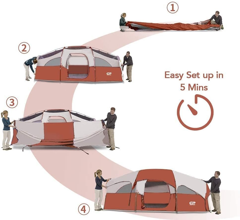 CAMPROS Zelt-8-Personen-Campingzelte, wasserdichtes, winddichtes Familienzelt, 5 große Netzfenster, doppelschichtig, geteilter Vorhang für getrennten Raum, tragbar mit Tragetasche