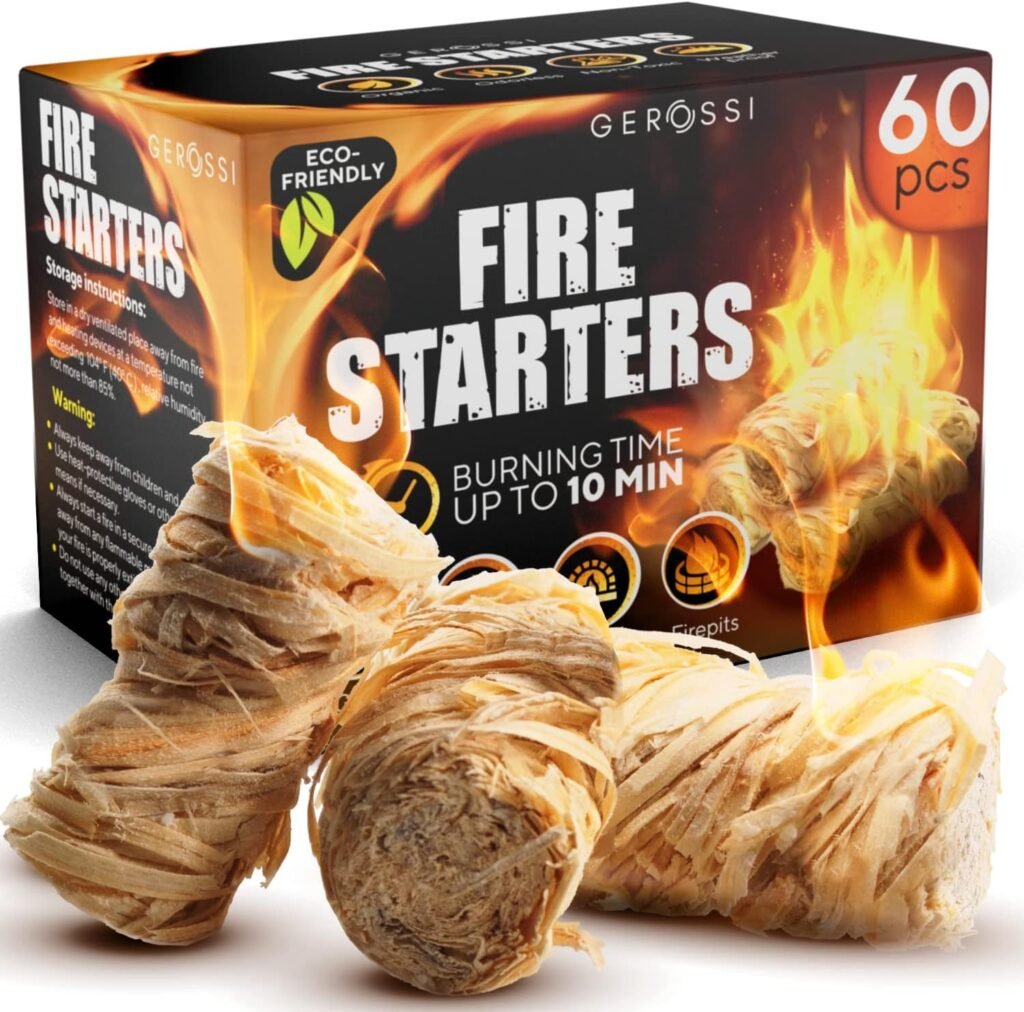 Fire Starter - Natural Pine Fire Starters for Fireplace, Campfires, Grill, Wood Pellet Stove, Chimney, Fire Pit, BBQ, Smoker - 60 Pack w/10 Min Burning Time - All Weather Odorless Firestarter