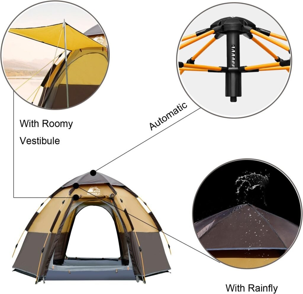 Hewolf Waterproof Instant Camping Tent - 2/3/4 Person Easy Quick Setup Dome Family Tents for Camping,Double Layer Flysheet Can be Used as Pop up Sun Shade