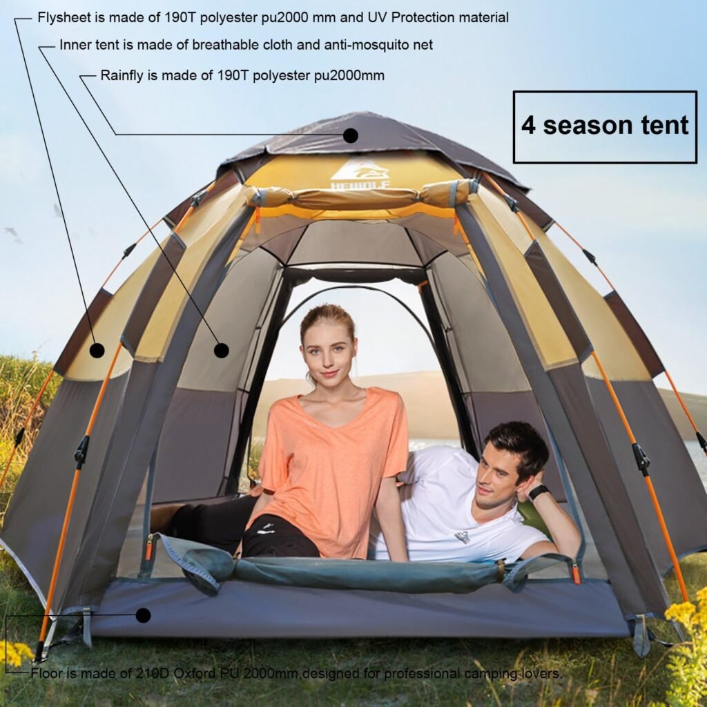 Hewolf Waterproof Instant Camping Tent - 2/3/4 Person Easy Quick Setup Dome Family Tents for Camping,Double Layer Flysheet Can be Used as Pop up Sun Shade