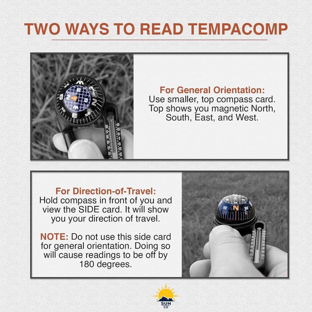 Sun Company TempaComp - Ball Compass and Thermometer Carabiner | Hiking, Backpacking, and Camping Accessory | Clip On to Backpack or Jacket | Ultralight, Accurate Compass for Navigation and Orienteering
